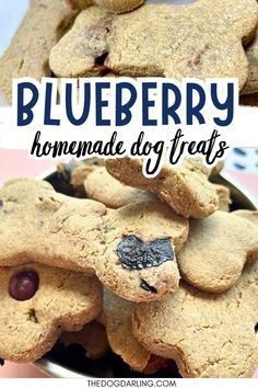 blueberry dog treats in a bowl with the words homemade dog treats on top and bottom