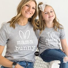 Mama Bunny Sister Bunny, Cute Mommy and Me Easter Shirts, Matching Mommy and Me Easter Tees for Girls, Mama Easter Shirt, Mini Easter Shirt This listing is for ( 1 ) Bella Canvas t-shirt of your choice in adult Unisex or Kids Unisex sizes.  To order MULTIPLES, add to cart one at a time. (*other brands occasionally when necessary for stock issues) Adult shirts are available in the following colors: Berry, Pink, Yellow, Heather Gray, Mint, Lavender, Turquoise Kids shirts are available in the follo Family Matching Gray Short Sleeve Tops, Gray Family Matching Short Sleeve Tops, Family Matching Cotton Tops For Spring, Fitted Cotton Tops For Family Matching, Spring Family Matching Long Sleeve Tops, Family Matching Long Sleeve Tops For Spring, Family Matching Gray Tops With Letter Print, Spring Matching Crew Neck T-shirt, Matching Crew Neck T-shirt For Spring