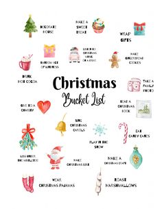 the christmas bucket list is shown in black and white, with watercolors on it