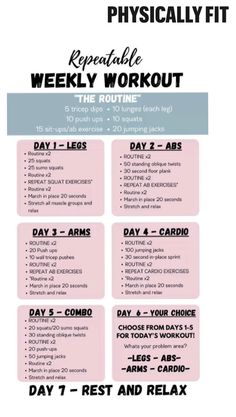 the physical workout plan is shown in pink and blue, with instructions to help you get ready