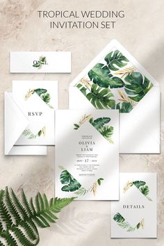 tropical wedding stationery set with greenery