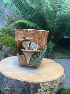 a planter sitting on top of a tree stump in front of a green fern