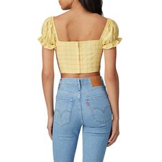 Yellow linen (68% Linen, 22% Nylon, 10% Rayon). Top. Short sleeves. Square neckline. Exposed back zipper closure. Partially lined. 14" from shoulder to hemline. Imported. Linen Tops With Square Neck For Day Out, Square Neck Linen Tops For Day Out, Summer Daywear Fitted Crop Top, Fitted Crop Top For Summer Daywear, Fitted Cropped Linen Blouse, Fitted Linen Tops For Day Out, Fitted Crop Top For Spring Daywear, Chic Fitted Linen Blouse, Fitted Chic Linen Blouse