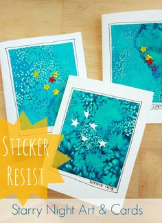 three pictures with the words sticker resist, starr night art and cards on them