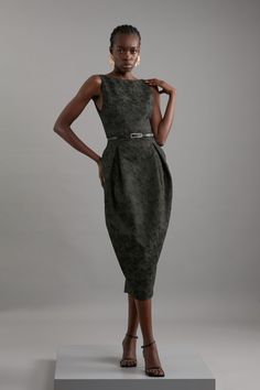 Feel Confident In Our Midi Dress, With A Structured Design, As Well As A Belted Waist For A Cinched Silhouette, And Low Back. Style It With Block Heels Or Strappy Stilettos For An Evening Look That Makes A Subtle Statement. Jacquard Belted Pencil Tailored Midi Dress Unique, Structured Silhouette Subtle, Monochromatic Jacquard Fabric High Neckline Striking, Backless Design Belted Waist Feature Zip Back Fastening Jacquard Midi Dress, Jacquard Fabric Dress, Petite Work Outfits, Petite Wedding Guest Dresses, Latest Maxi Dresses, Maxi Dress Collection, Dress With Jean Jacket, Tall Dresses, Strappy Stilettos