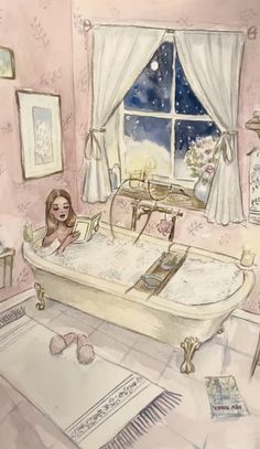 a watercolor painting of a girl in a bathtub