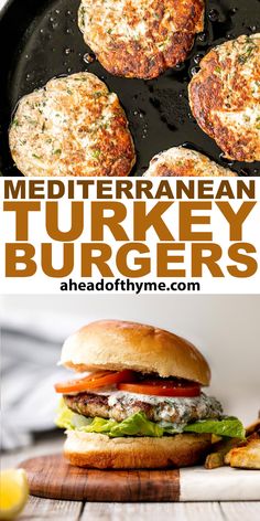 some burgers are being cooked in a skillet with the words mediterranean turkey burgers above them