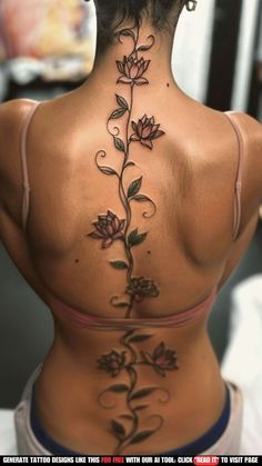 the back of a woman's neck with tattoos on it and flowers growing out of it