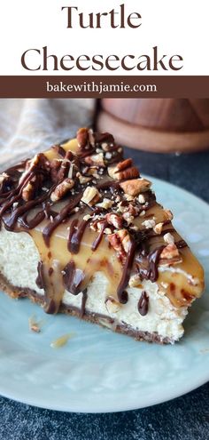 a slice of turtle cheesecake on a plate