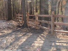 a wooden fence in the middle of a forest