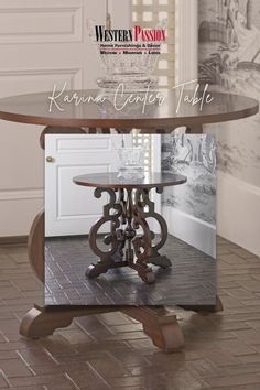 a round table with a glass top in front of a white door and brick floor