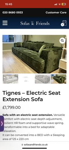 an advertisement for a sofa and chair with the text tignes - electric seat extension sofa