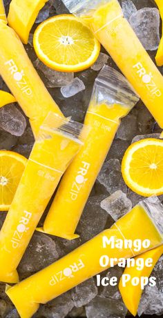 orange ice pops are arranged on top of crushed ice and surrounded by sliced lemons