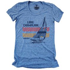 This super soft Lake Champlain Vermont graphic tee celebrates what is surely the 6th Great Lake in America cool retro t-shirt style. The laid back sailing motif is rooted in a vintage 1970's design aesthetic worthy of Lake Champlain's timeless majesty. Graphic Print Crew Neck T-shirt For Sailing, Cotton Graphic Print Tops For Sailing, Crew Neck Graphic T-shirt For Sailing, Crew Neck Graphic Print Top For Sailing, Crew Neck T-shirt With Graphic Print For Sailing, Vintage Blue Crew Neck T-shirt, Cotton Graphic Print T-shirt For Sailing, Graphic Print Cotton T-shirt For Sailing, Casual Graphic Print T-shirt For Sailing