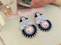 Perfect gift for Bridesmaid, Christmas gift,  anniversary or birthday gift for mom, wife or best friend. They are very light and perfect for everyday outfit. Handmade black Earrings in soutache embroidery technique.  Handmade earrings with: ☆ Soutache cord colors : Czech viscosa braid in pink, grey and black  ☆Crystals, beads colors  : pink 4-6mm crystals, 8mm pink round beads  ☆Seed beads : japanese TOHO-  purple  11/0, pink 8/0  ☆Earrings hooks : silver plated  ☆Back side: genuine  leather in Large Bridal Earrings, Dark Red Earrings, Present For Sister, Sister Christmas Presents, Black Dangle Earrings, Boho Bridal Jewelry, Boho Wedding Earrings, Pearl Chandelier Earrings, Pearl Chandelier