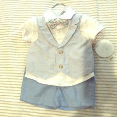 Collared Shirt With Pink/Green Bow Tie And Blue Pin Striped Vest, Paired With Blue Shorts. Perfect Outfit For Easter, Baby Dedication Or Wedding!! Size 3 Month, Nwt. Short Sleeve Clothing Sets For First Birthday In Spring, Cotton Baptism Sets, Blue Summer Sets For First Birthday, Blue Sets For First Birthday In Summer, Cute Blue Sets For Baptism, Cute Fitted Light Blue Sets, Cute Blue Baptism Set, Spring Baptism Short Sleeve Sets, Baby Boy Bow Tie Outfit