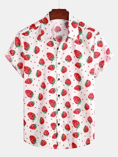 Men's Strawberry Print Cotton Tropical Hawaiian Shirt – Atlanl Floral Print Shirts, Strawberry Clothing, Aloha Beaches Shirt, Dress Shirt Men, Hawaii Outfits, Slim Fit Dress, Shirts Long Sleeve, Slim Fit Dress Shirts, Hawaiian Outfit