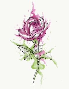 a drawing of a pink rose with watercolor splatches on it's petals