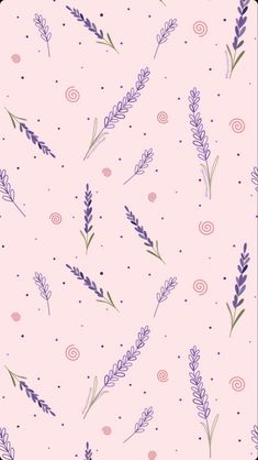 a pink background with purple flowers and dots