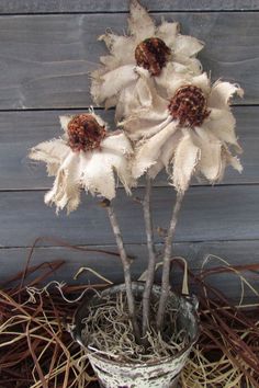 three white flowers in a silver vase on top of some straw and twigs with wood planks behind them