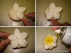 four pictures show how to decorate cupcakes with white frosting and yellow flowers