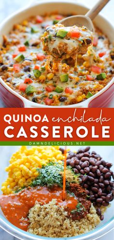 QUINOA ENCHILADA CASSEROLE, healthy dinner recipes, easy healthy meals Hot Quinoa Recipes, Quinoa Enchilada Casserole, Quinoa And Black Beans, Quinoa Enchilada, Cheesy Quinoa, Quinoa Bake, Enchiladas Healthy, Quinoa Casserole