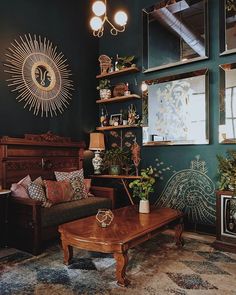 a living room filled with furniture and lots of plants on top of it's shelves