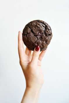 a woman's hand holding a chocolate cookie in front of a white background,