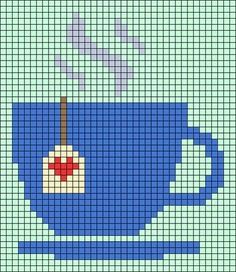 a cross stitch pattern with a blue coffee cup and umbrella on it, in the middle