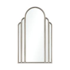 an arch shaped mirror with three mirrors on the front and back sides, all in silver