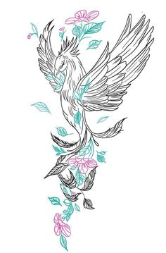 a drawing of a bird with flowers on it's back and wings flying through the air