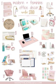 pink and gold office supplies with the text modern feminine office decor under $ 100 on it