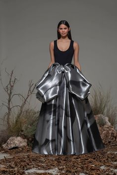 Scoop neckline exaggerated bow detailed A line dress - HerTrove Saten Dress, Silver Ballgown, Isabel Sanchis, Gown Fashion, Dress Name, Elegant Outfit Classy, Runway Outfits, Midi Dress Style, Long Midi Dress