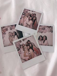 four polaroid photos of women in pink dresses and balloons on a white sheeted surface