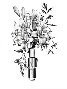 black and white drawing of flowers in a vase