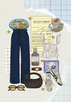 a collage of clothing, shoes, and other items on a piece of paper