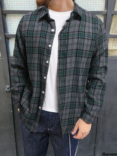 Russoo - Mens Plus Size Plaid Shirt: Stylish Oversized Casual Long Sleeve for Spring, Fall, and Winter Seasons Gray Shirt For Fall Streetwear, Gray Casual Shirt For Fall, Casual Gray Shirt For Fall, Casual Gray Fall Shirt, Green Relaxed Fit Flannel Shirt Casual, Green Relaxed Fit Flannel Shirt, Casual Green Flannel Shirt, Oversized Fashion, Plaid Shirt Men