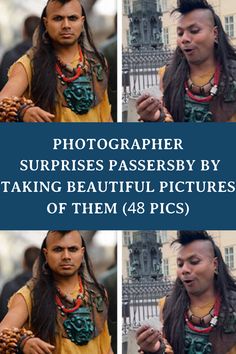 four different pictures of a man with long hair, wearing jewelry and looking at his cell phone