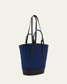 Loro Piana "Eolian" braided tote bag in cotton and polyester     Features a wooden cedar logo charm     Two top handle straps; striped ribbon accent     Two long carry straps     Interior pocket     Approx. 16.9"L x 7.1"W    Lining: Leather    Wipe clean    Made in Italy Striped Ribbon, Azure Blue, Loro Piana, 16 9, Top Handle, Cleaning Wipes, Tops Designs, In Italy, Braids