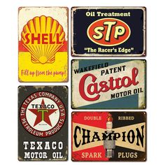 four vintage gas signs are displayed on a white background, each with different colors and sizes