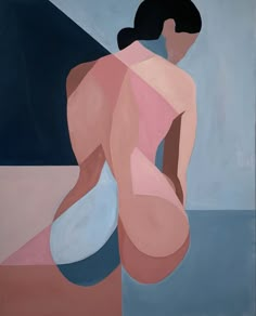 an abstract painting of a woman with her back turned to the side, in pink and blue