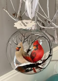 two birds are sitting in a glass ornament