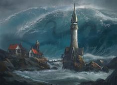 a painting of a lighthouse in the middle of a large wave with houses on it