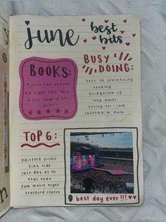 an open book with pictures and words on the pages that read june best hits books