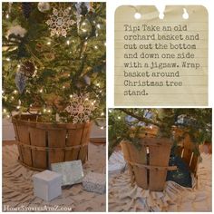 a christmas tree in a wooden basket with snowflakes on the top and bottom