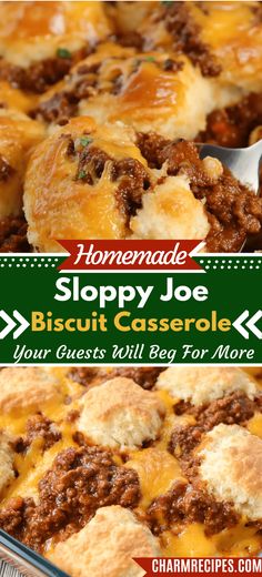 homemade sloppy joe biscuit casserole recipe with text overlay