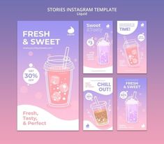 four instagram templates for fresh and sweet drinks on purple background with pink hue