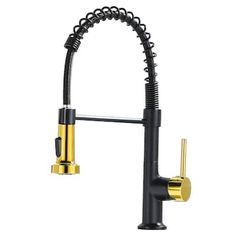 a kitchen faucet with a black and gold pull out sprayer on it