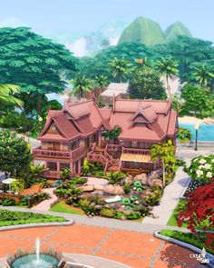 an artist's rendering of a large house in the middle of a tropical garden