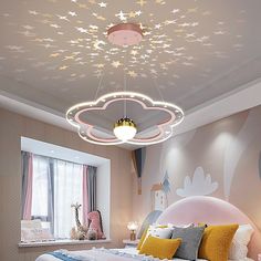 a bed room with a neatly made bed and a ceiling light